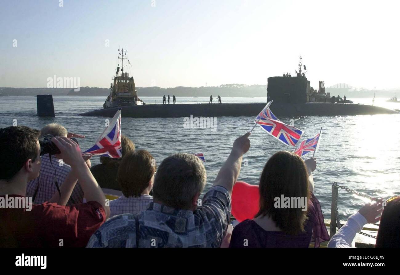 HMS Turbulent a nuclear-powered submarine arrives at Devonport Plymouth after being at sea for over 10 months. Stock Photo