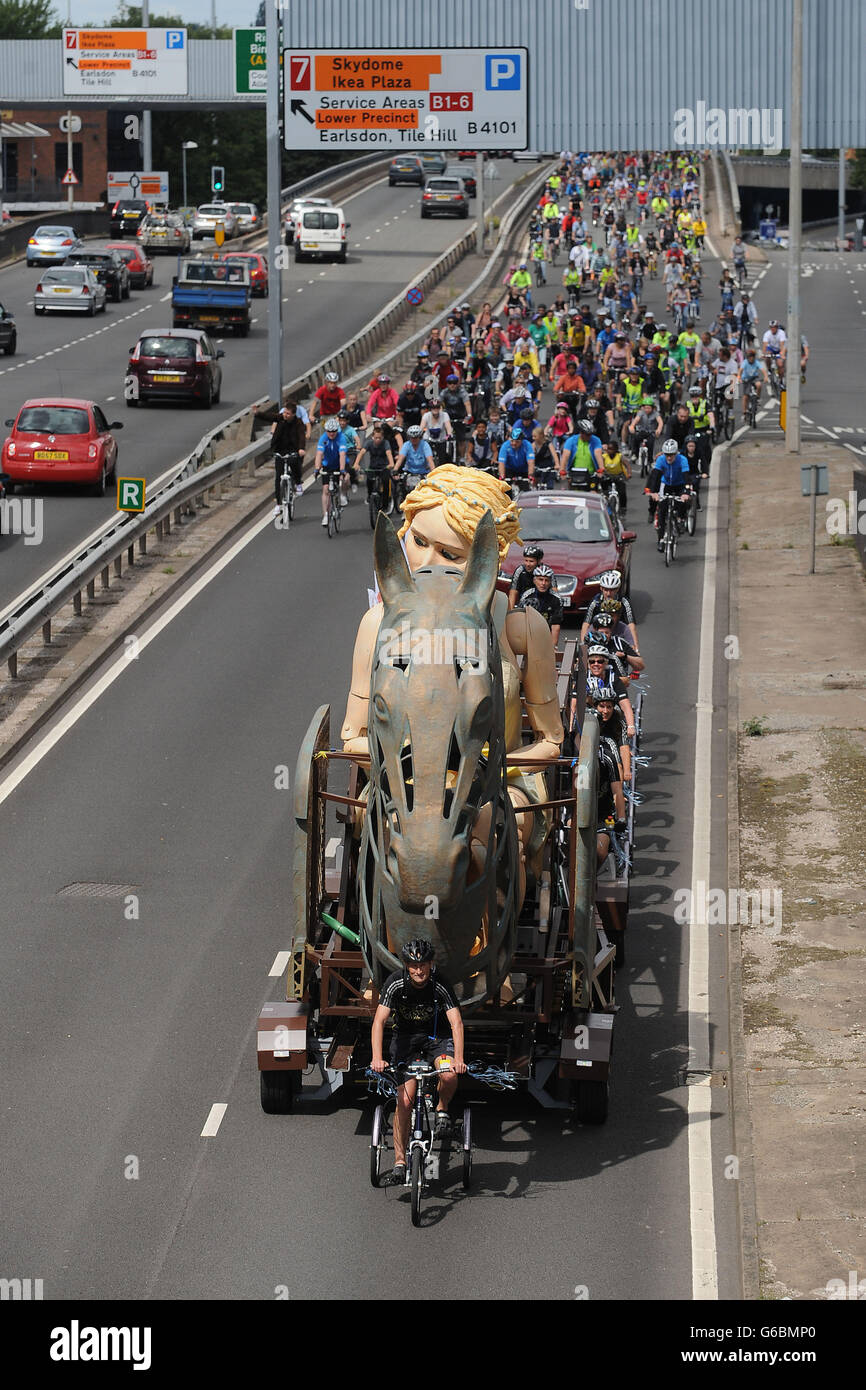 A 20ft puppet of Lady Godiva, which was taken to the London 2012 Olympics to represent the West Midlands in arts and culture makes it's return to Coventry as it travels around the city ring road. Stock Photo