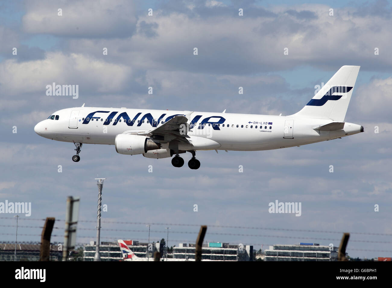 Heathrow Airport Stock. A Finnair plane lands at Heathrow Airport