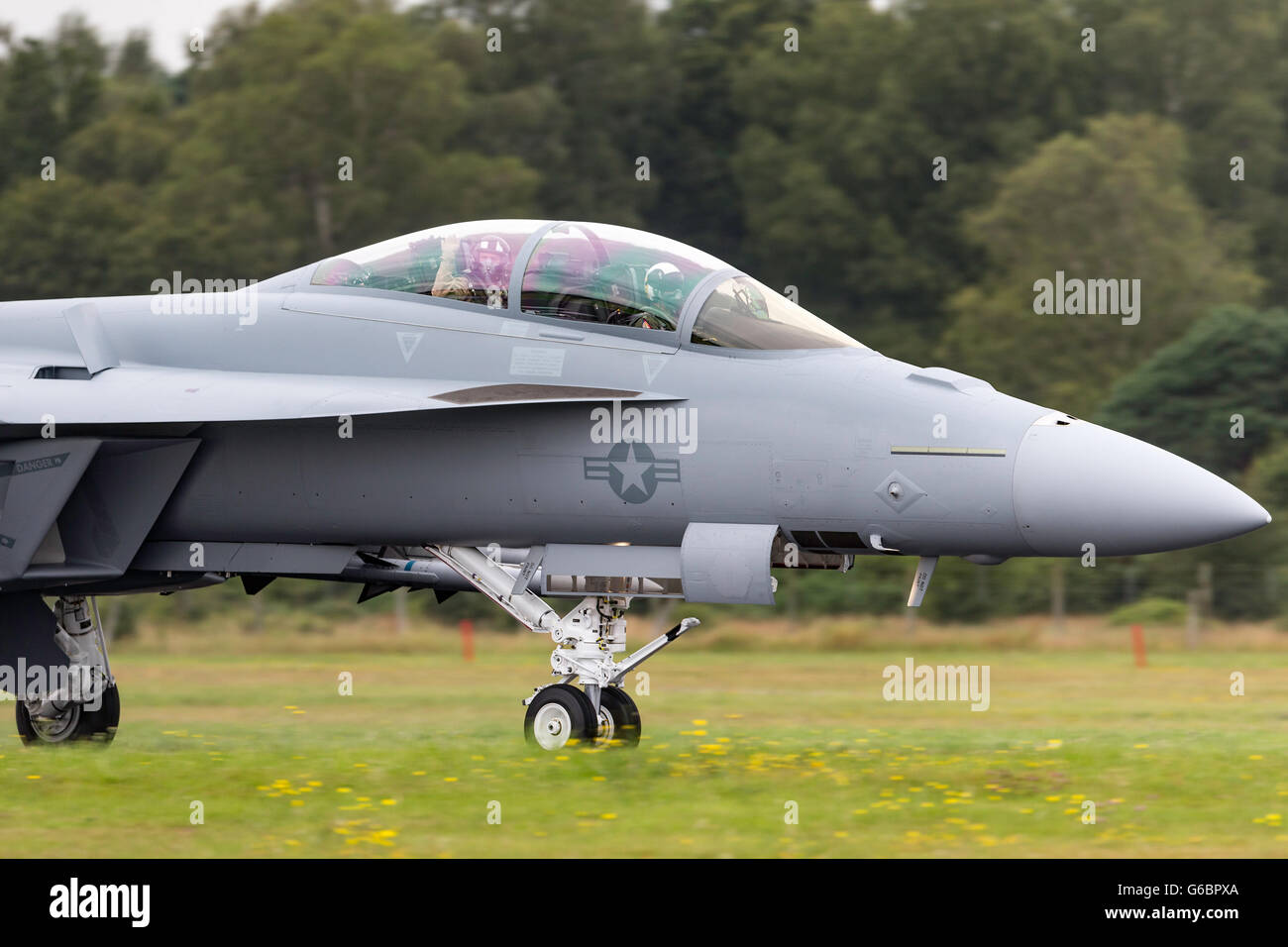 United States Navy Boeing F/A-18F Super Hornet fighter aircraft at the Farnborough International Airshow Stock Photo