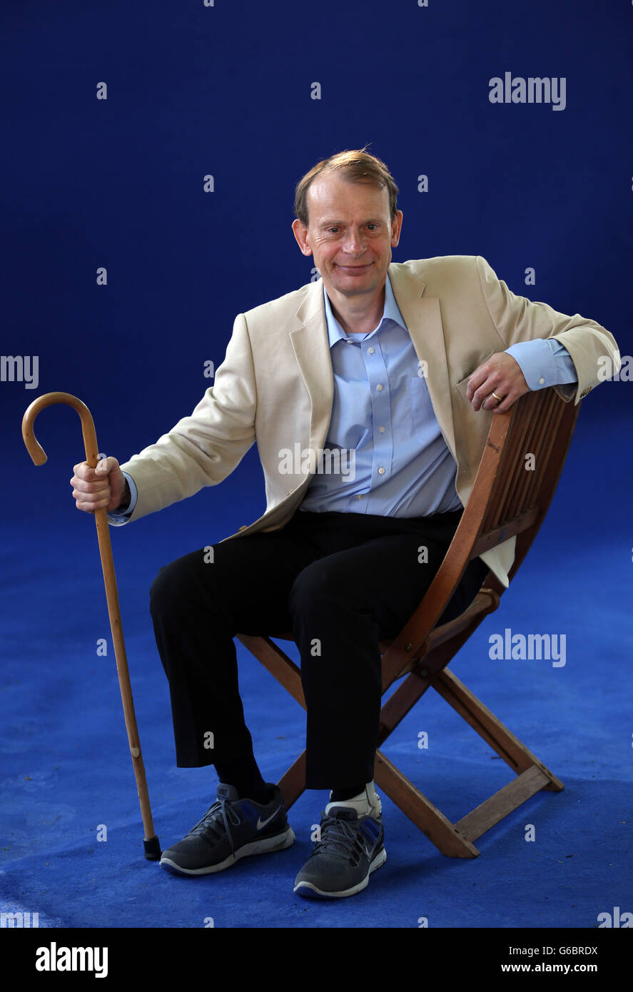 Broadcaster Andrew Marr makes his first appearance at a public event since he suffered a stroke to discuss his book The Battle for Scotland at the Edinburgh International Book Festival at Charlotte Square Gardens in Edinburgh. Stock Photo