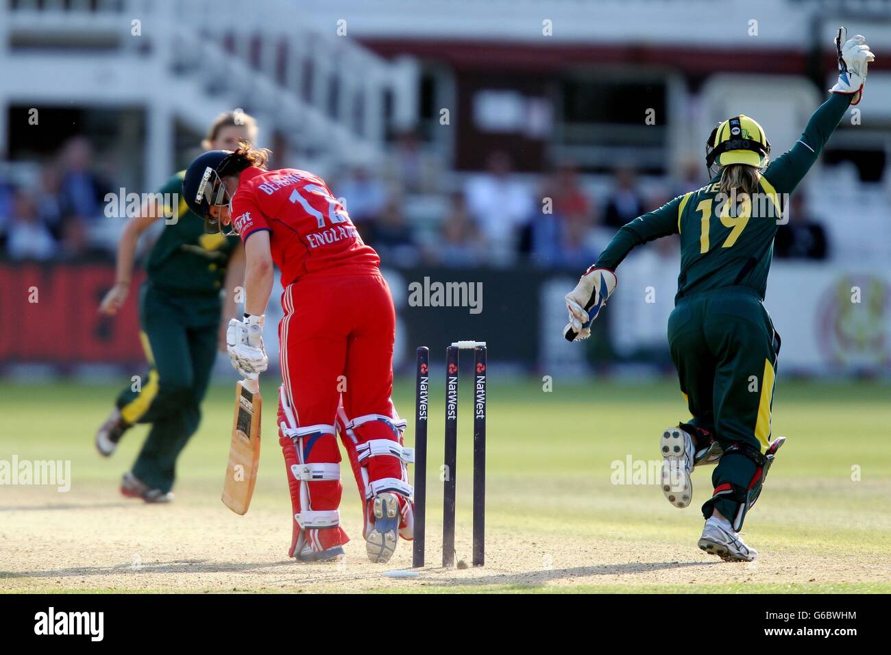 England's Tammy Beaumont is bowled by Australia's Jess Jonassen during the first Ashes One Day International at Lord's, London. Stock Photo