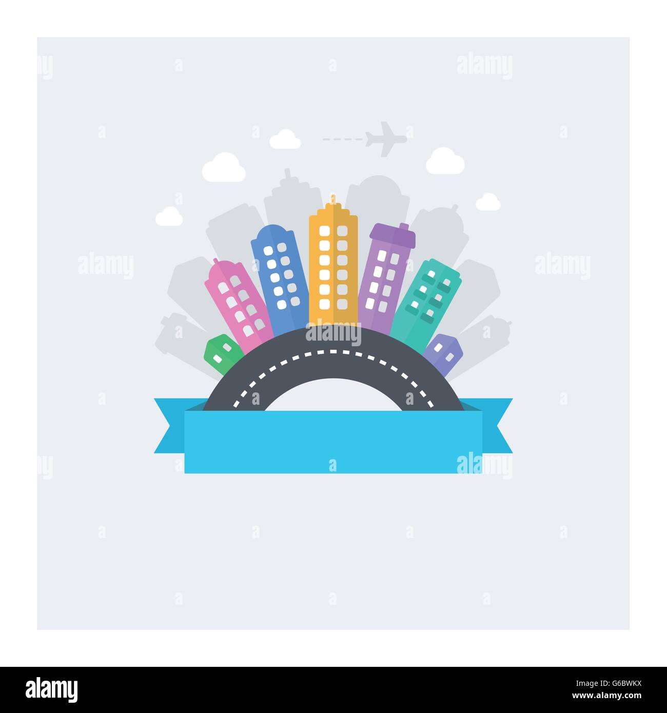 Vector design of modern cityscape with text area. Illustration with modern flat icons: road, buildings, sky. Stock Vector