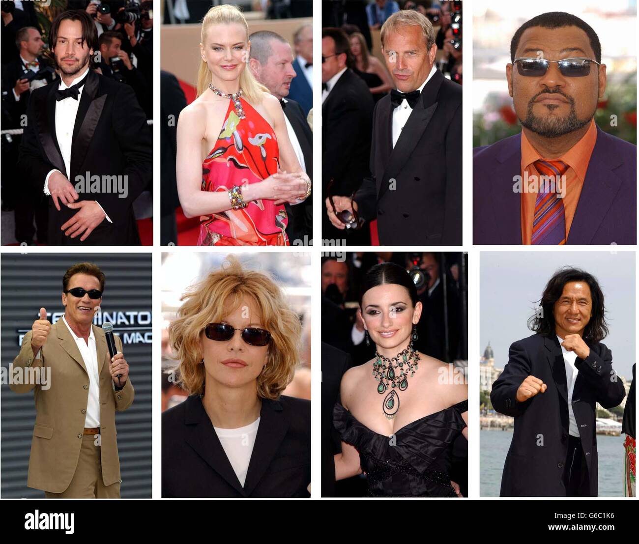 Hollywood stars (from left) Keanu Reeves, Nicole Kidman, Kevin Costner, Laurence Fishburne, Arnold Schwarzenegger, Meg Ryan, Penelope Cruz and Jackie Chan, all attending the 56th (2003) Cannes Film Festival in Cannes. * Organisers of the Cannes Film Festival, dismissed claims by tourism minister Kim Howells that Hollywood stars were too scared to fly. Mr Howells said American action heroes did not have the 'balls' to fly to Europe for fear of a terrorist attack. But there was little evidence of that in Cannes, with all the pictured stars jetting in to the French Riviera. Stock Photo