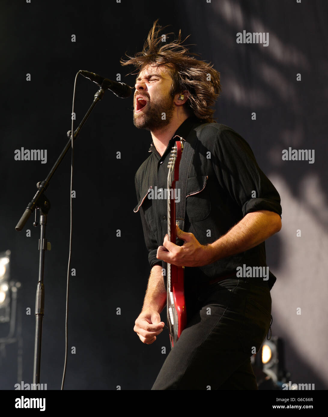 Justin Hayward-Young of The Vaccines performing on the Virgin Media Stage during day two of the V Festival at Hylands Park in Chelmsford. Stock Photo