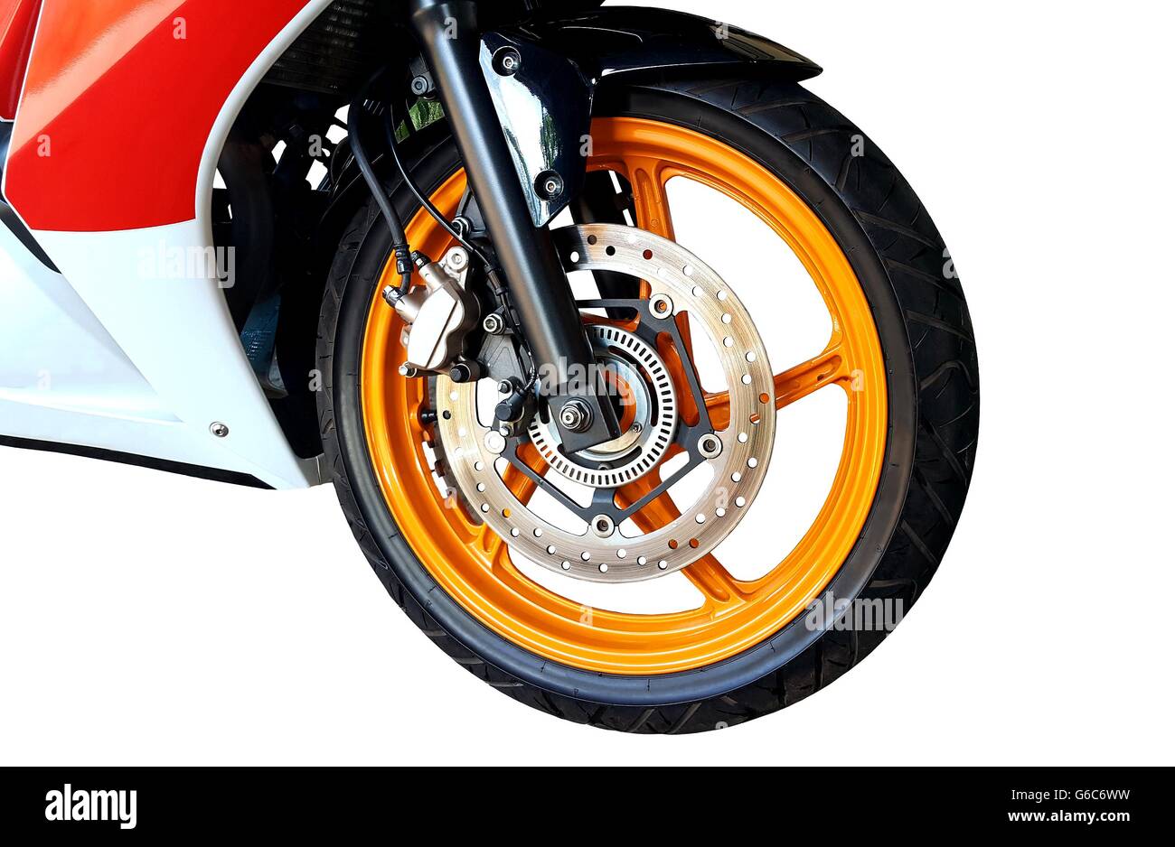 Front motorcycle disk break and tire isolated on white background Stock
