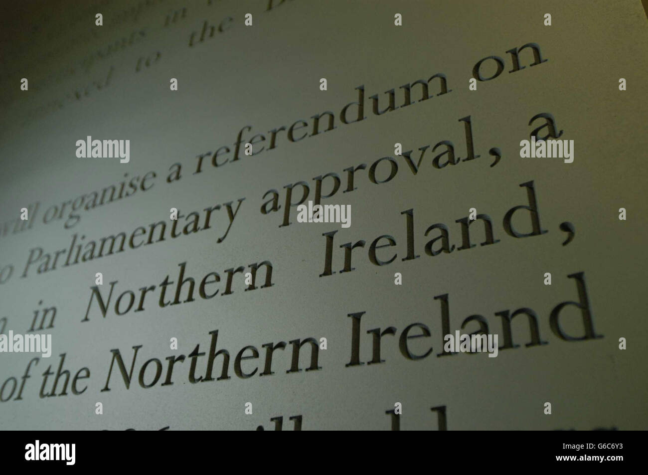 A detail from 'The Agreement', by artist Shane Cullen which is currrently on display in London at the Beaconsfield Gallery in Newport Street. * The sculpture is 67 metres in length and presents the 11, 500 words of the Good Friday Agrrement of 1998 carved into 56 panels. It will tour to Dublinm Londonderry, Belfast, London and Manchester. Stock Photo