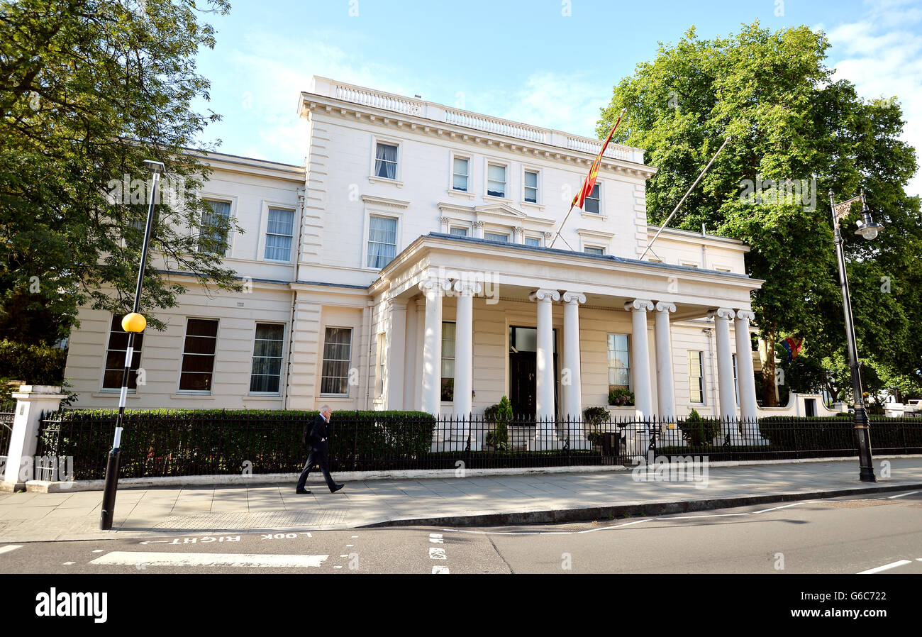 The Spanish Embassy in Chesham Place, Belgravia, central London after Spanish boats staged a protest over a controversial reef that has sparked a diplomatic row between Britain and Spain and retaliatory delays at the border with the British Overseas Territory, Gibraltar. Stock Photo