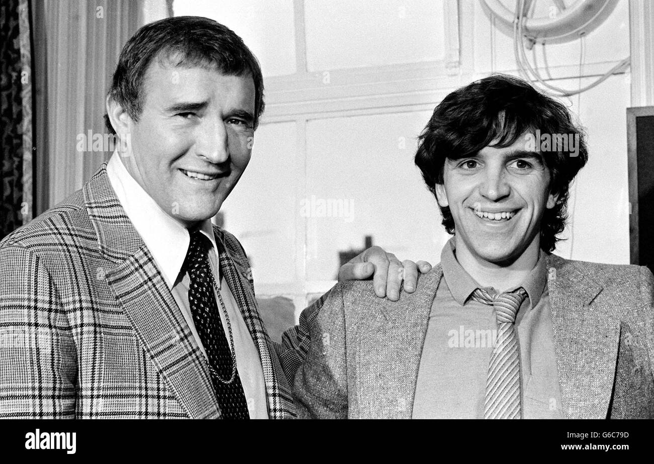 Manchester City football manager, Malcolm Allison (left) in Manchester with Norwich City's Kevin Reeves, who is expected to sign for Manchester City for One million pounds. Stock Photo