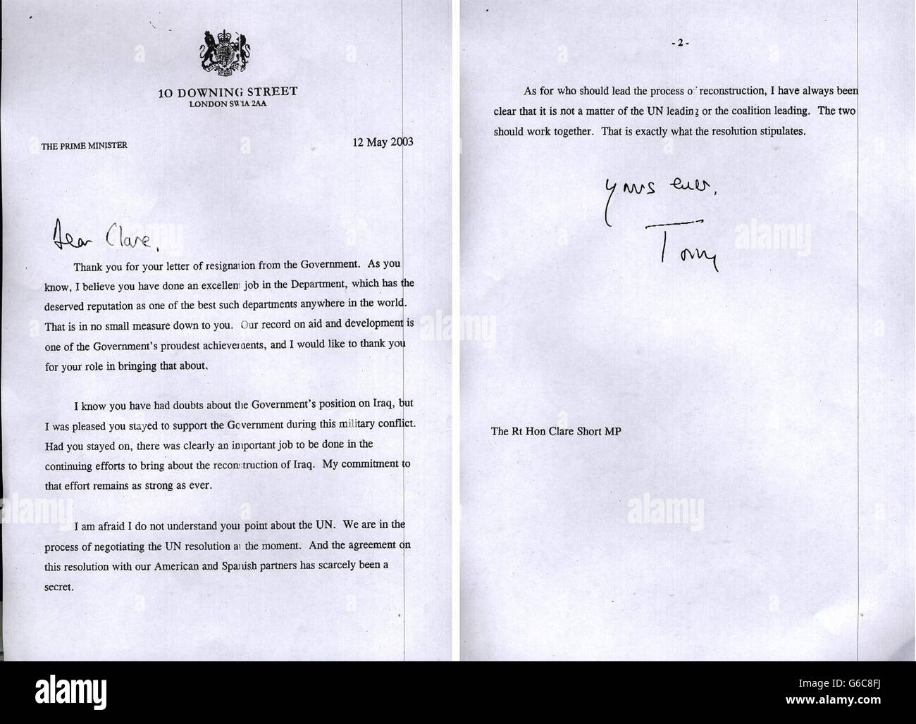 The two page letter from Prime Minister Tony Blair to International