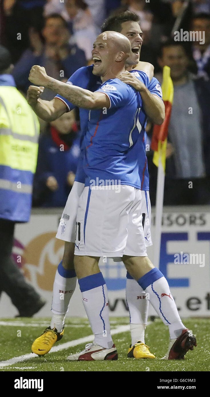 Rangers' Nicky Law celebrates his goal with team mate Andrew Little during the Scottish League One match at the Excelsior Stadium, Airdrie. Stock Photo