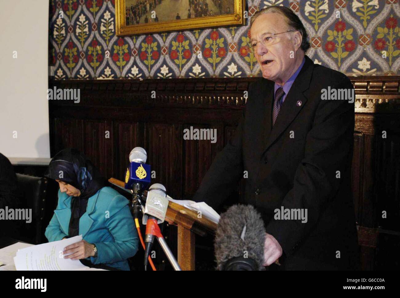 Lord Corbett of Castle Vale , Chair of the British Committee for Iran Freedom, addresses the National Council of Resistance of Iran press conference at the House of Commons in central London Friday May 16 2003, where they gave new evidence regarding the development and stockpiling of chemical weapons by the Mullahs' regime in Iran. See PA story POLITICS Iran. PA Photo: Edmond Terakopian Stock Photo