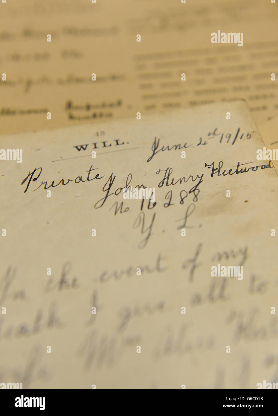 The will of Private John Fleetwood, grandfather of Mick Fleetwood, who died during World War I. The wills of over 320,000 soldiers from World War I are stored in the Iron Mountain facility on the outskirts of Birmingham. Stock Photo