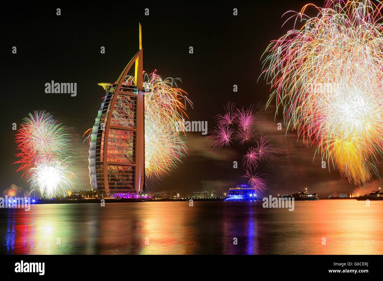 Fireworks at Burj Al Arab on New Year's , Dubai, United Arab Emirates Stock Photo