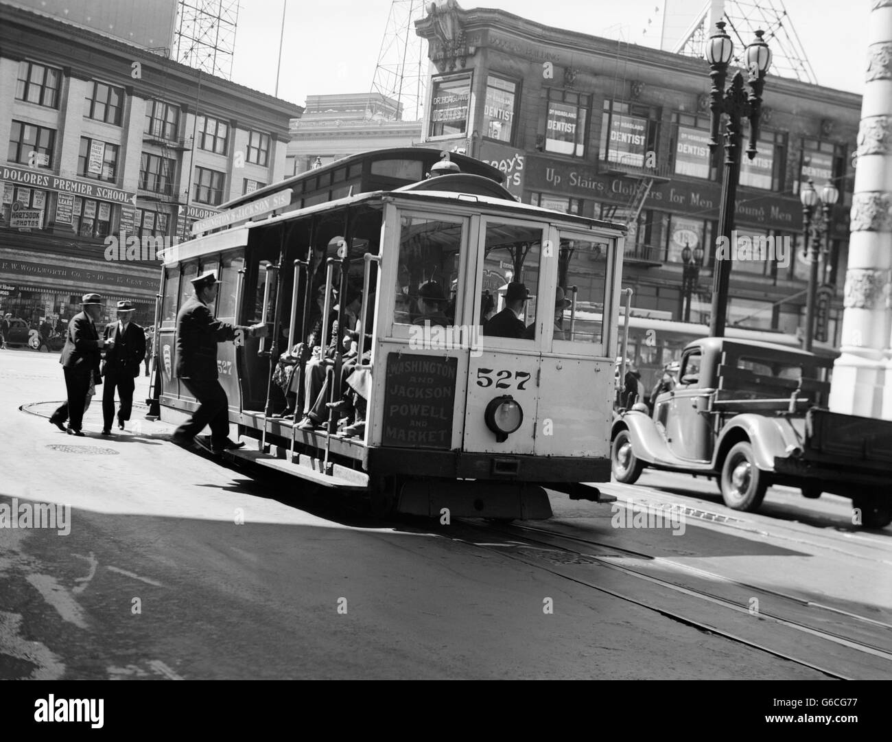 1930s 1937 ANONYMOUS SILHOUETTED CABLE CAR GRIPMAN TURNING CAR AROUND AT MARKET STREET SAN FRANCISCO CALIFORNIA USA Stock Photo