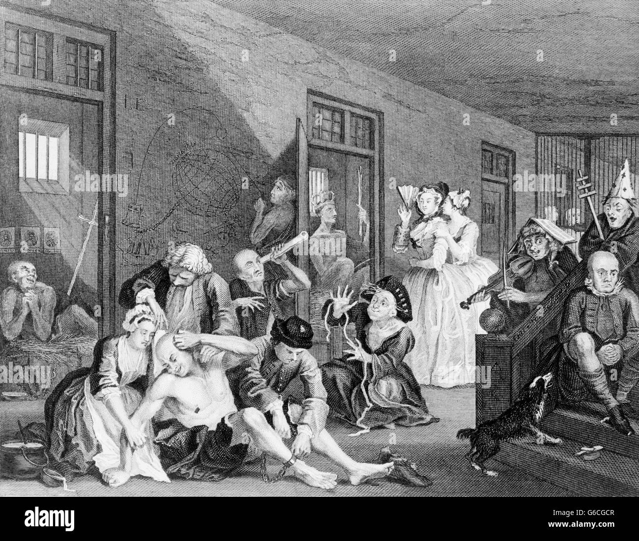 1730s THE MADHOUSE 18th CENTURY BEDLAM INSANE ASYLUM FROM A PAINTING BY WILLIAM HOGARTH CIRCA 1735 Stock Photo