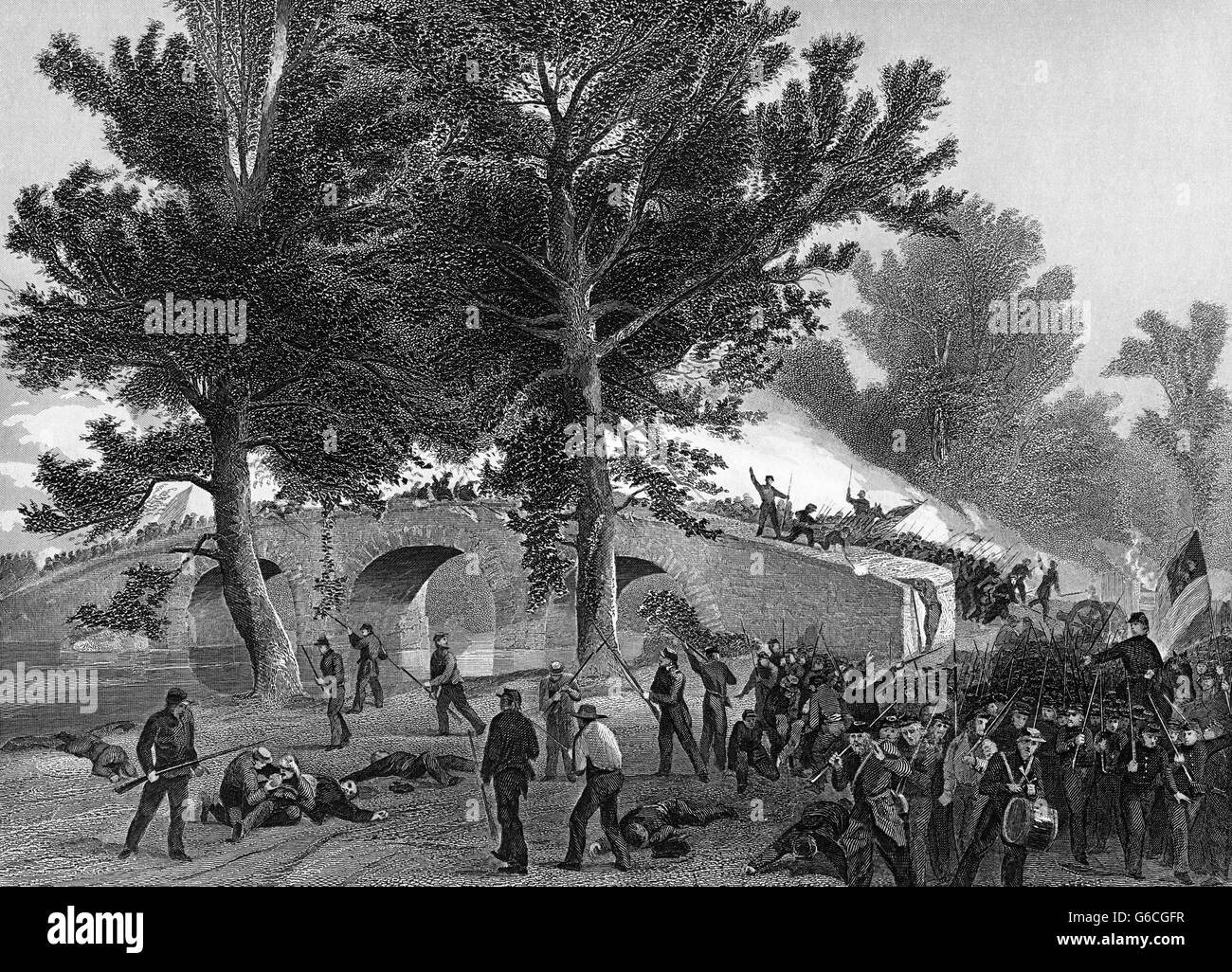 1860s SEPTEMBER 1862 GENERAL BURNSIDE'S BRIDGE ATTACK AT BATTLE OF ANTIETAM CREEK SHARPSBURG MARYLAND USA Stock Photo
