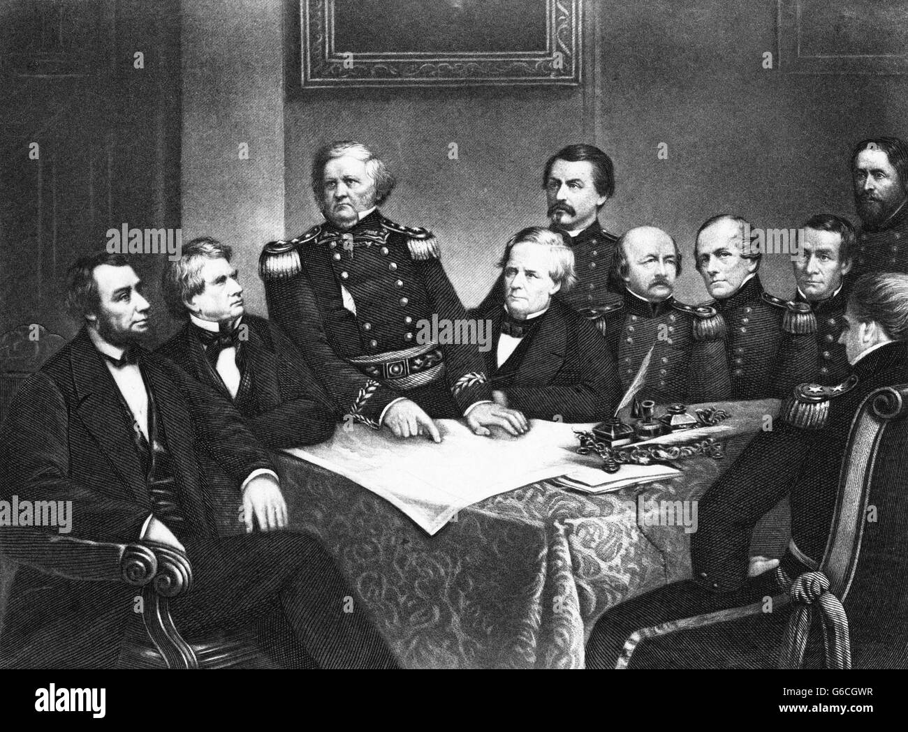 1860s 1861 PRESIDENT ABRAHAM LINCOLN AND HIS FIRST COUNCIL OF WAR OFFICERS AND CABINET Stock Photo