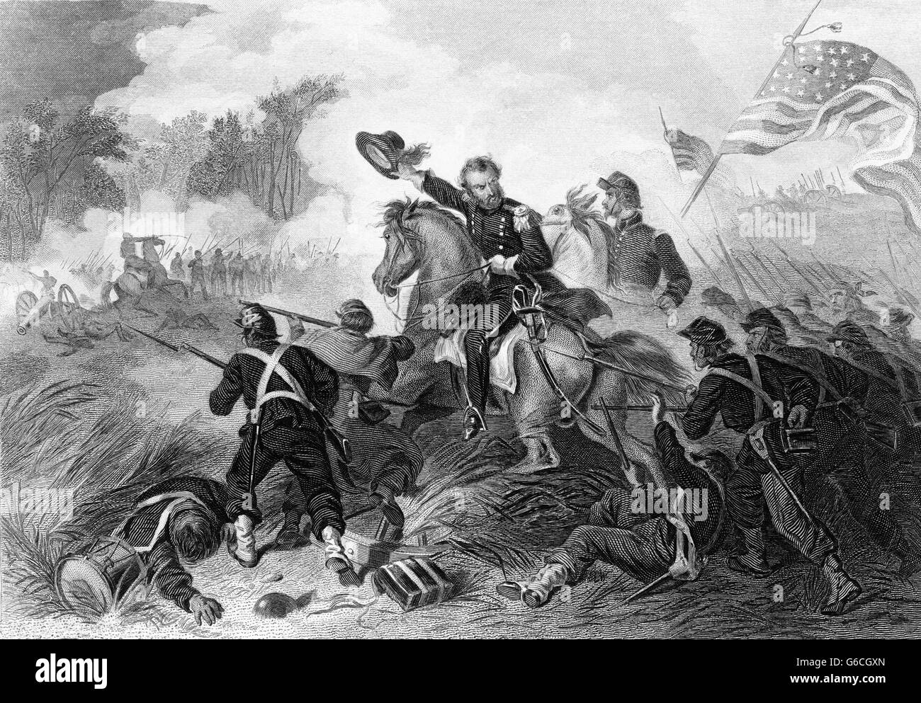 1860s AUGUST 1861 BATTLE OF WILSON'S CREEK AND THE DEATH GENERAL LYON NEAR SPRINGFIELD MISSOURI HERE DEPICTING LYON'S CHARGE Stock Photo