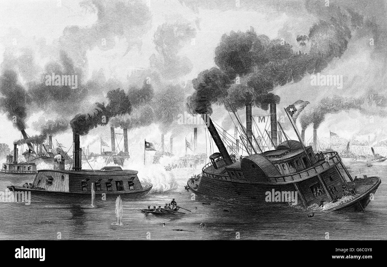 1860s JUNE 1863 BATTLE OF THE RAMS NAVAL ATTACK STEAMSHIPS ON MISSISSIPPI RIVER DURING BATTLE OF MEMPHIS Stock Photo