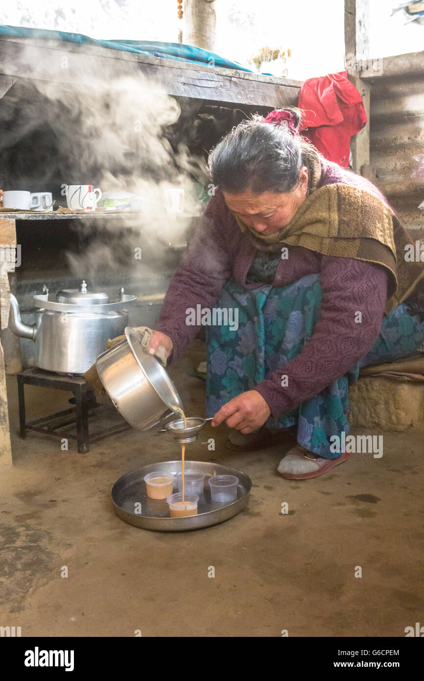Elderly woman pouring smoking hot Darjeeling Tea in cups at her shop in Happy Valley Tea Estate, Darjeeling Stock Photo