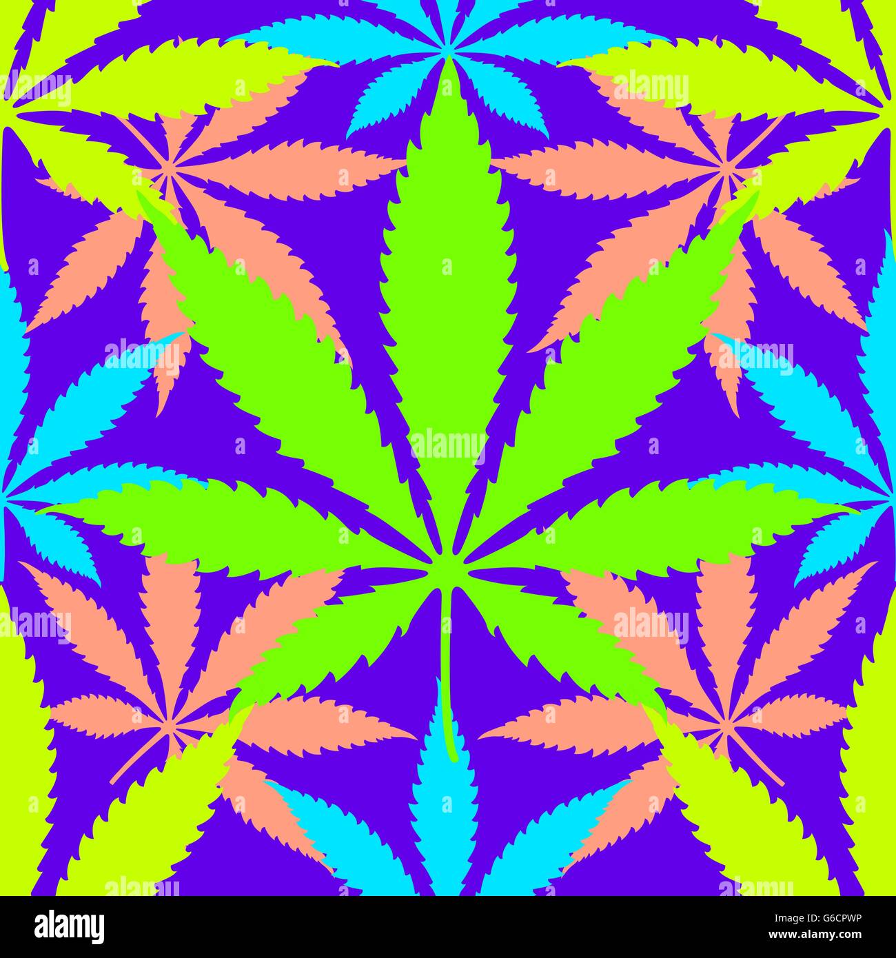 vector various vibrant colors cannabis marijuana leaves silhouettes abstract seamless pattern violet background Stock Vector