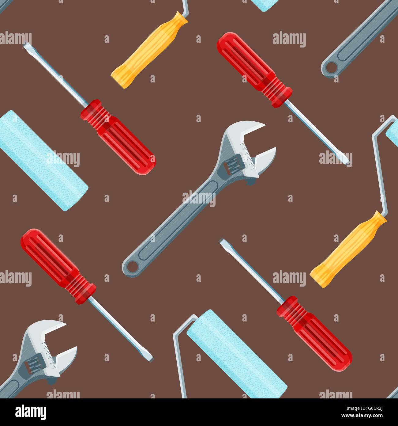 vector colored flat design house remodel tools screwdriver, paint roller and adjustable wrench decorative seamless pattern isola Stock Vector