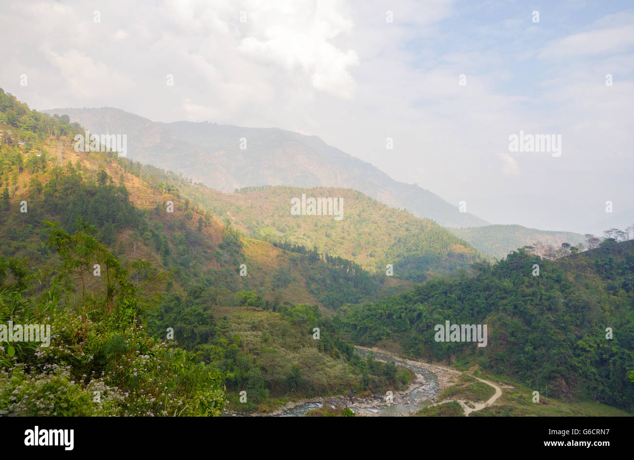 Beautiful view of hills and river Rangeet from Jamuni, Darjeeling, West Bengal, India Stock Photo