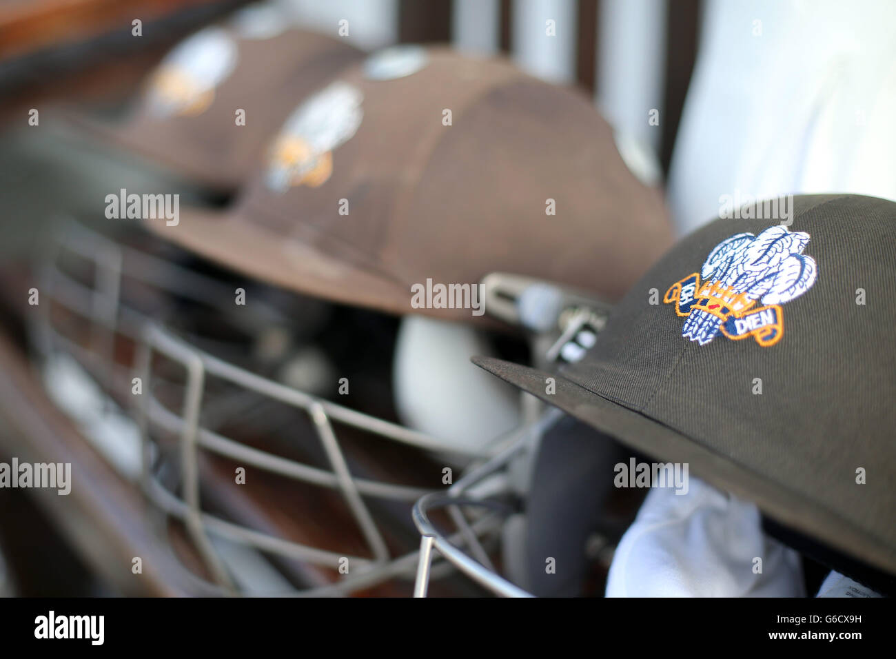 Cricket - LV=County Championship - Division One - Surrey v Middlesex - The Kia Oval. Detail view of Surrey helmets and pads Stock Photo