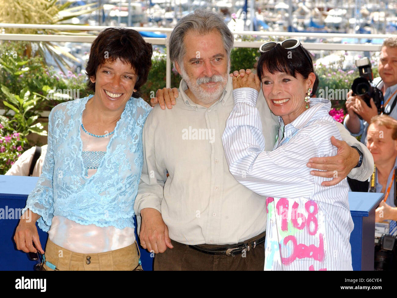 Annie, Michael and Geraldine Chaplin (left-right) at a photocall in Cannes, France to promote the new documentary about their father Charlie Chaplin. Stock Photo