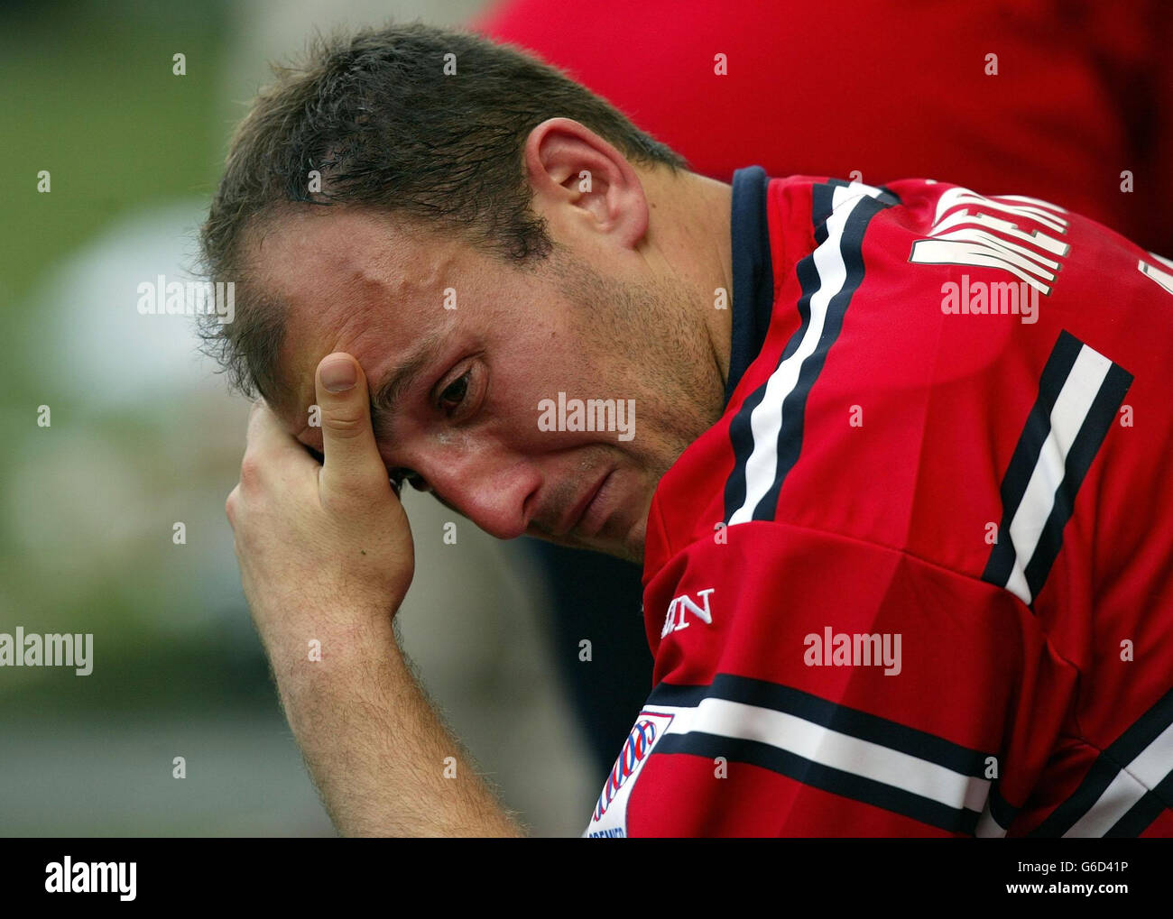 Wasps v Gloucester. Gloucester's Ludovic Mercier is moved to tears after thier defeat by Wasps in the Zurich Premierhip Final at Twickenham, London. Stock Photo