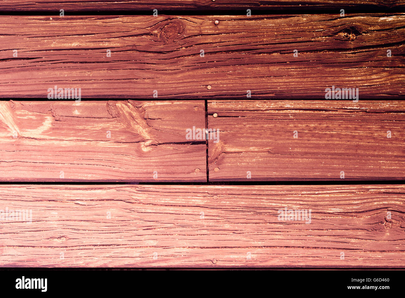 Colored old wooden plank floor background, top view of vintage style rustic wood texture. Stock Photo