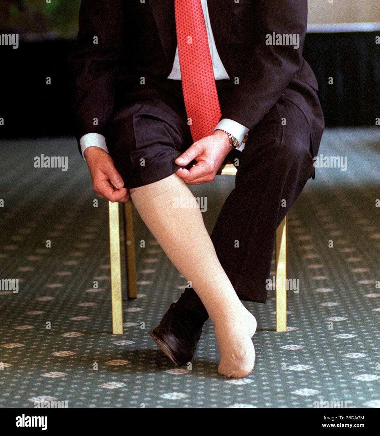 Library file dated 11/05/2001 of an elastic compression stocking, which,  according to a new study, can reduce the risk of Deep Vein Thrombosis if  worn during long-haul flights Stock Photo - Alamy