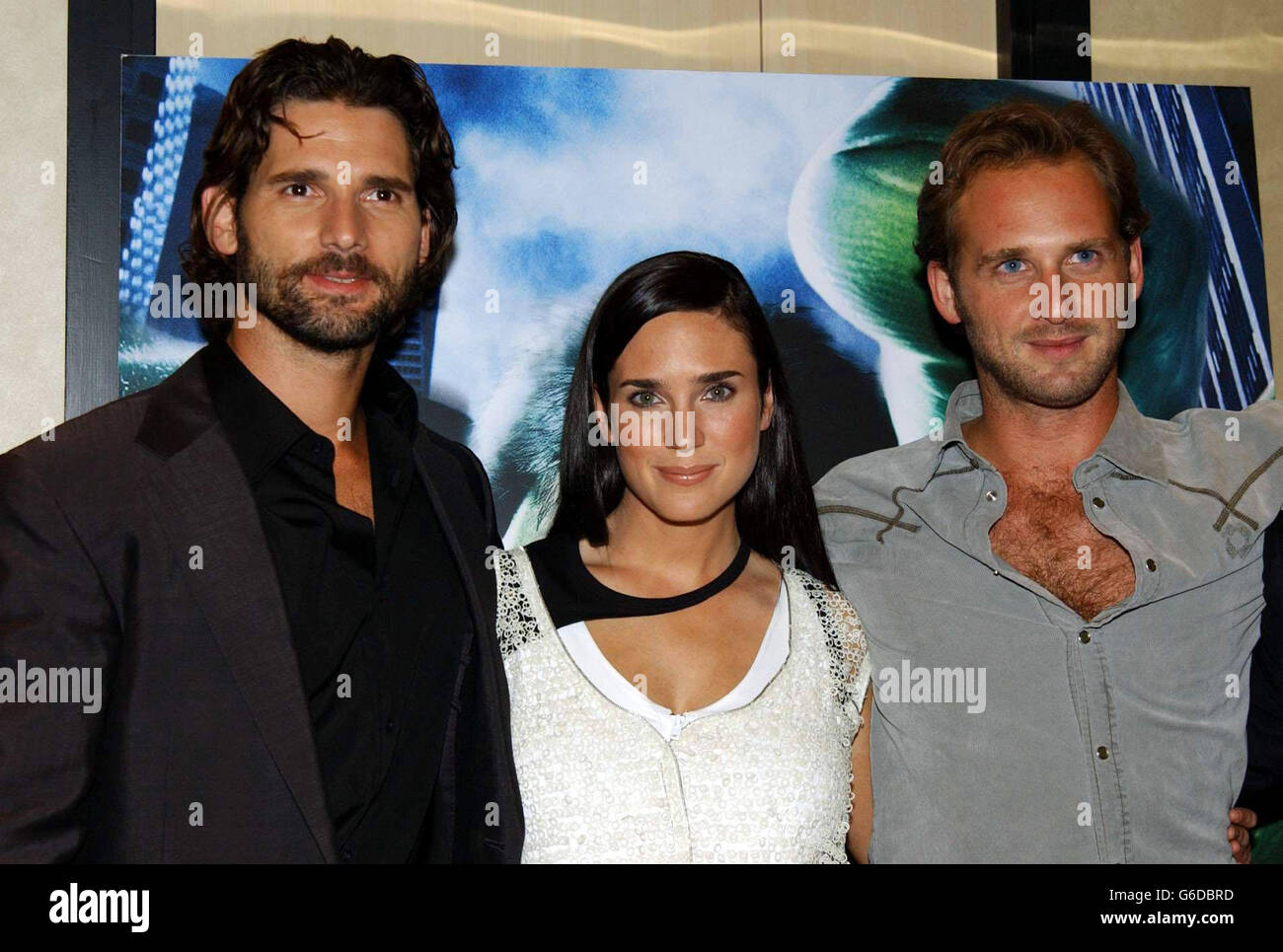 Eric Bana (left) who plays the Hulk with co-stars Jennifer Connelly, (Betty Ross) and Josh Lucas (Talbot) arrive at the premiere of The Hulk at the Empire cinema in London's Leicester Square. Stock Photo