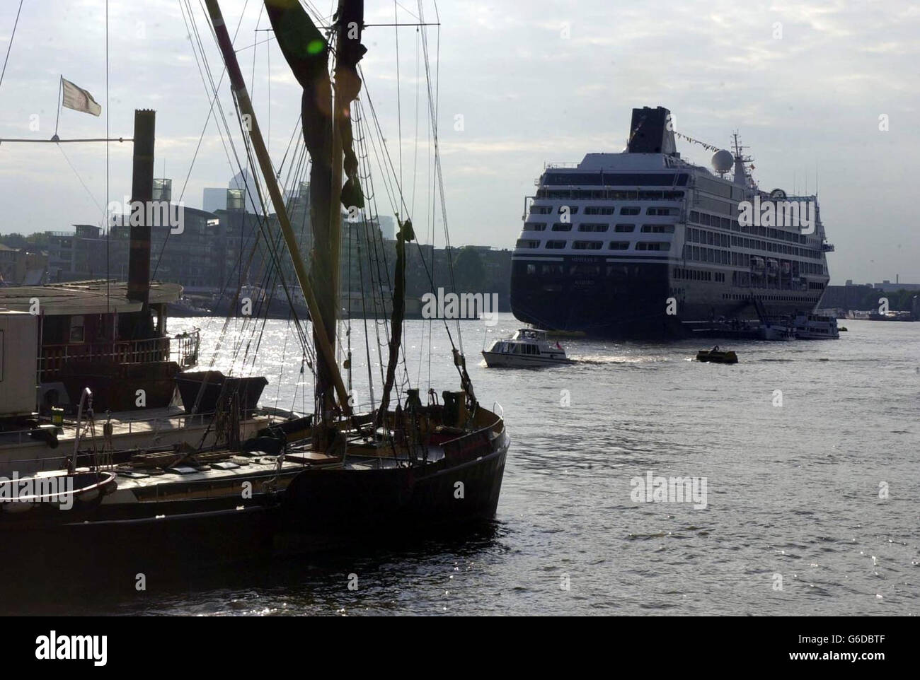 Minerva II largest ship moored on Thames Stock Photo