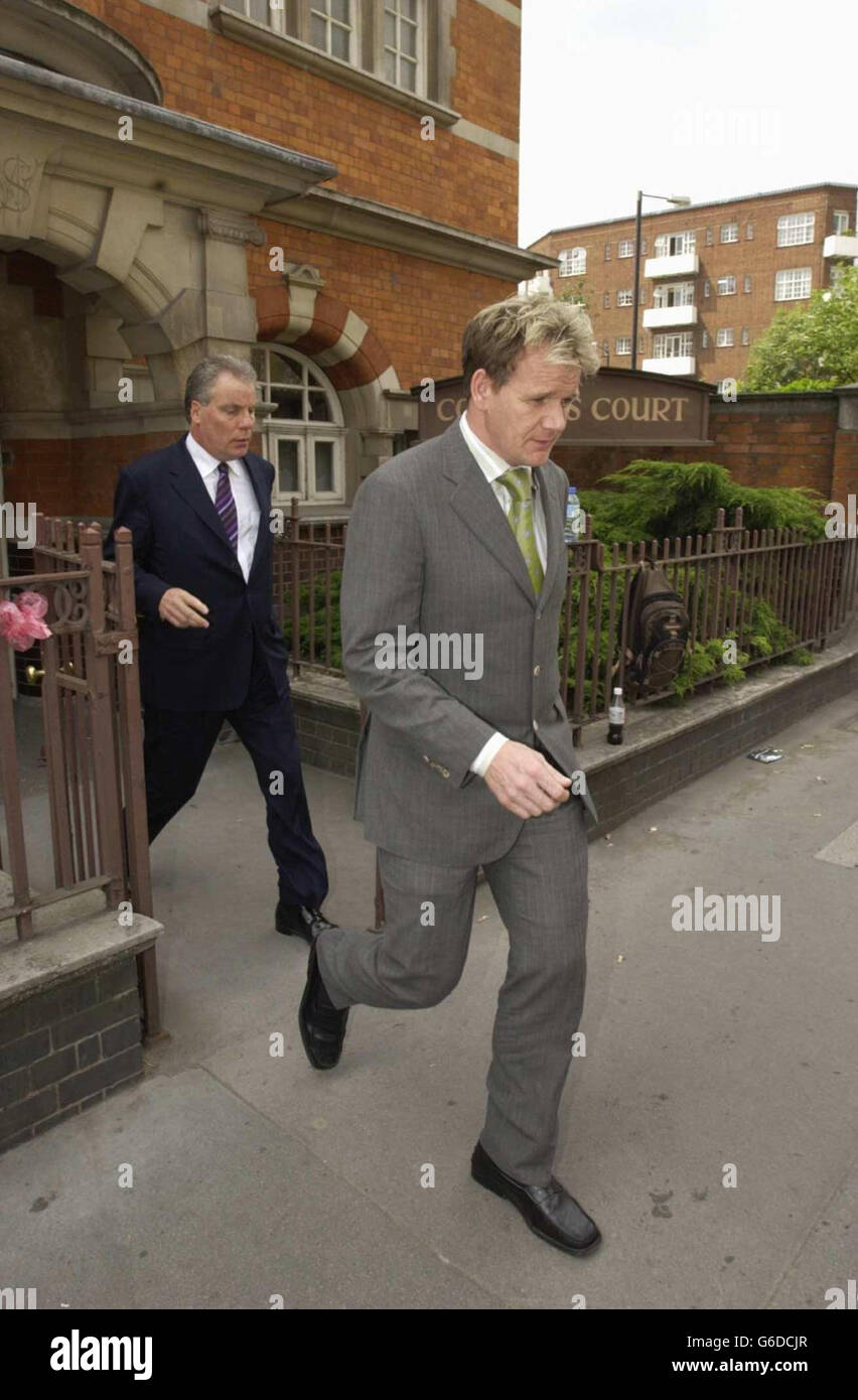 Celebrity chef Gordon Ramsay leaves Westminster Coroner's Court, to give evidence at the inquest into the death of his friend and employee David Dempsey. Mr Ramsay told the inquest that the 31-year-old had appeared 'slightly agitated'. Stock Photo