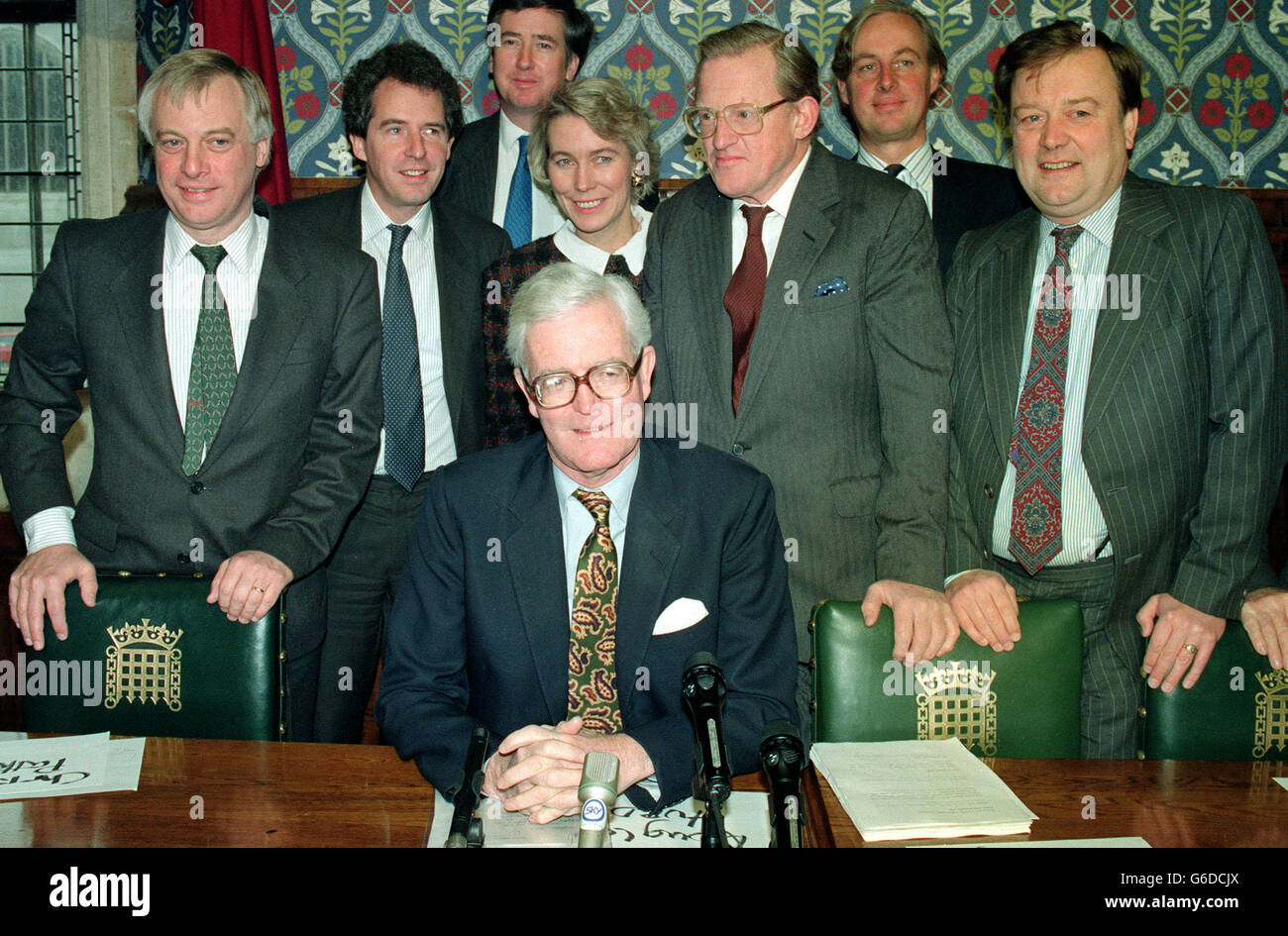 Douglas Hurd's team gather round him at a news conference at the Jubilee Rooms, House of Commons. (l-r) Chris Patten, William Waldegrave, Michael Fallon, Virginia Bottomley, Tom King, Tim Yeo and Kenneth Clarke. Stock Photo