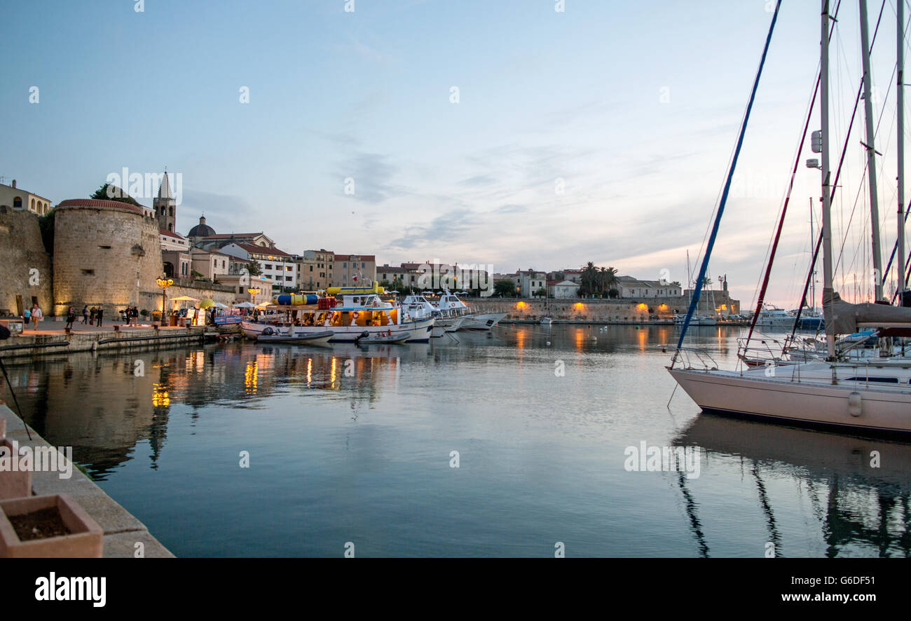 Yachts In The Marina at Night Alghero Sardinia Italy Stock Photo