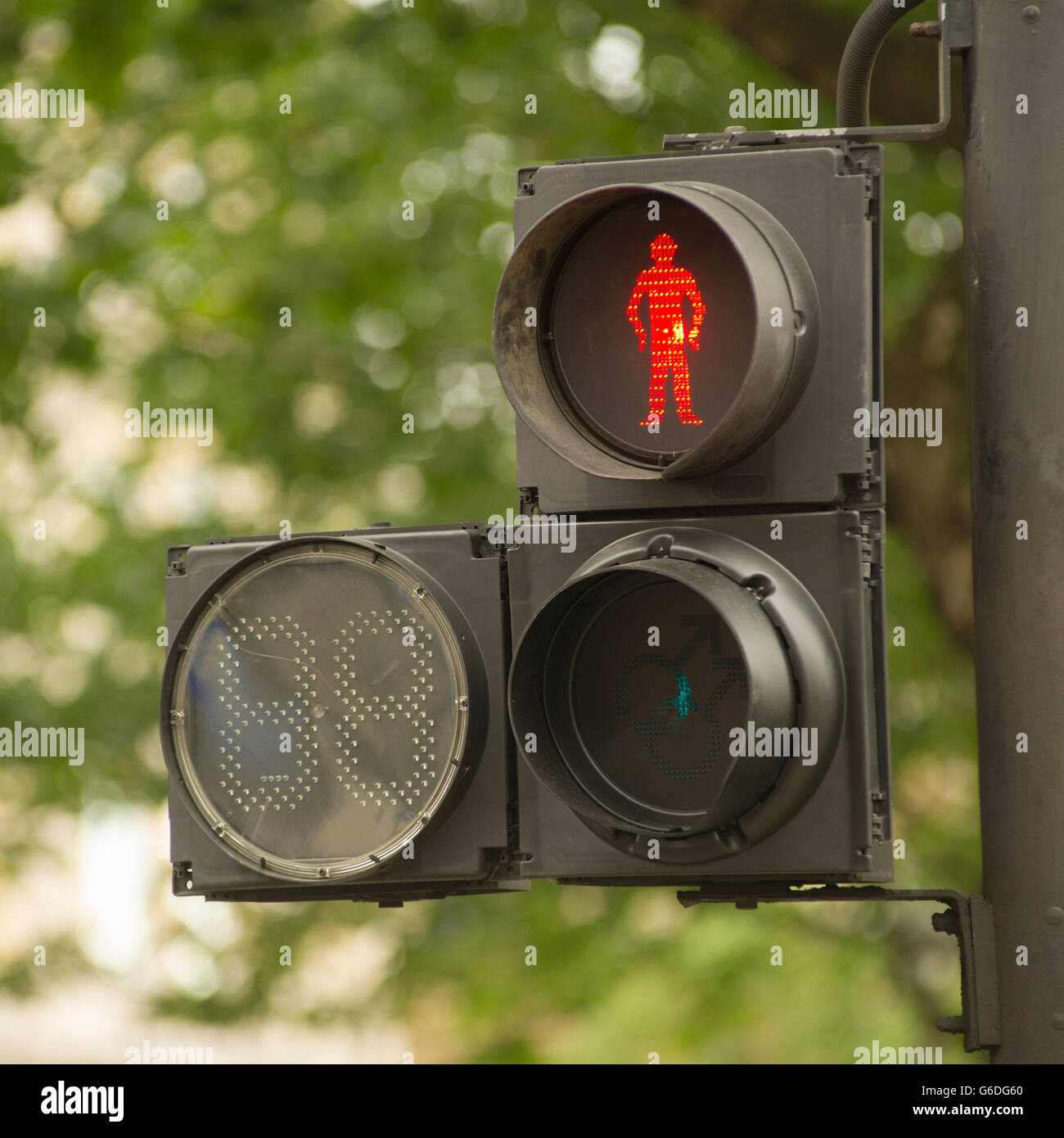 Pedestrian crossing light around Trafalgar Square, London. The lights have been modified by TFL to celebrate Gay Pride week Stock Photo
