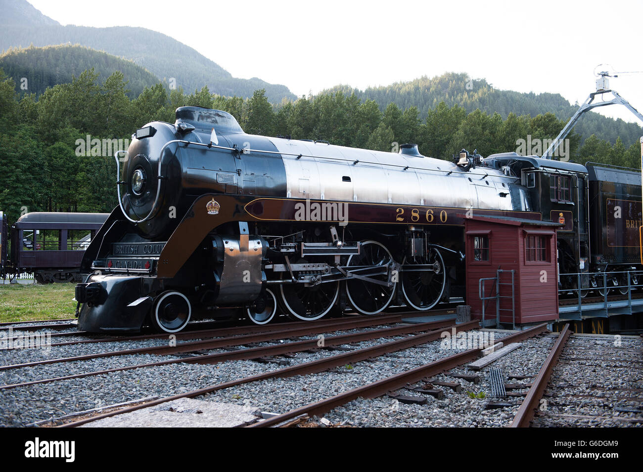 The Royal Hudson, a 1940's steam locomotive engine, at the West Coast Railway Heritage Museum.  Squamish BC, Canada Stock Photo