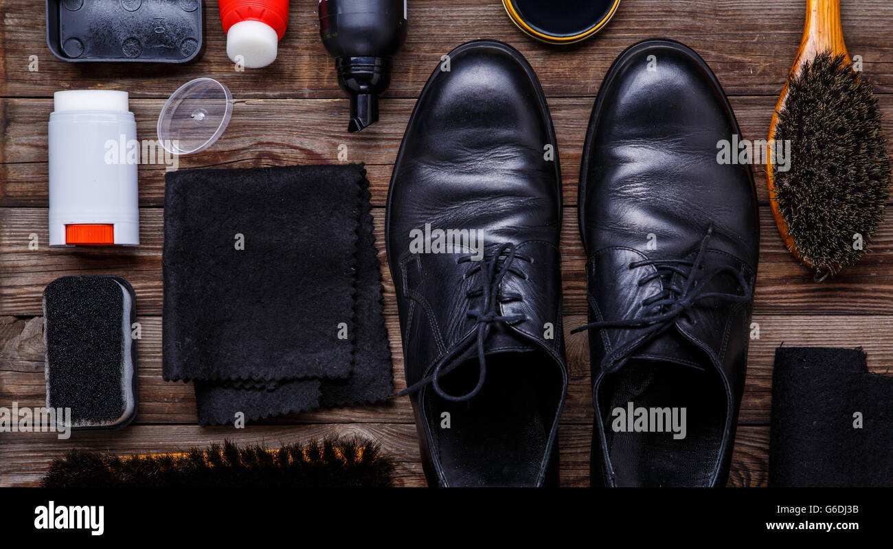 Shoe wax, brush and boot Stock Photo