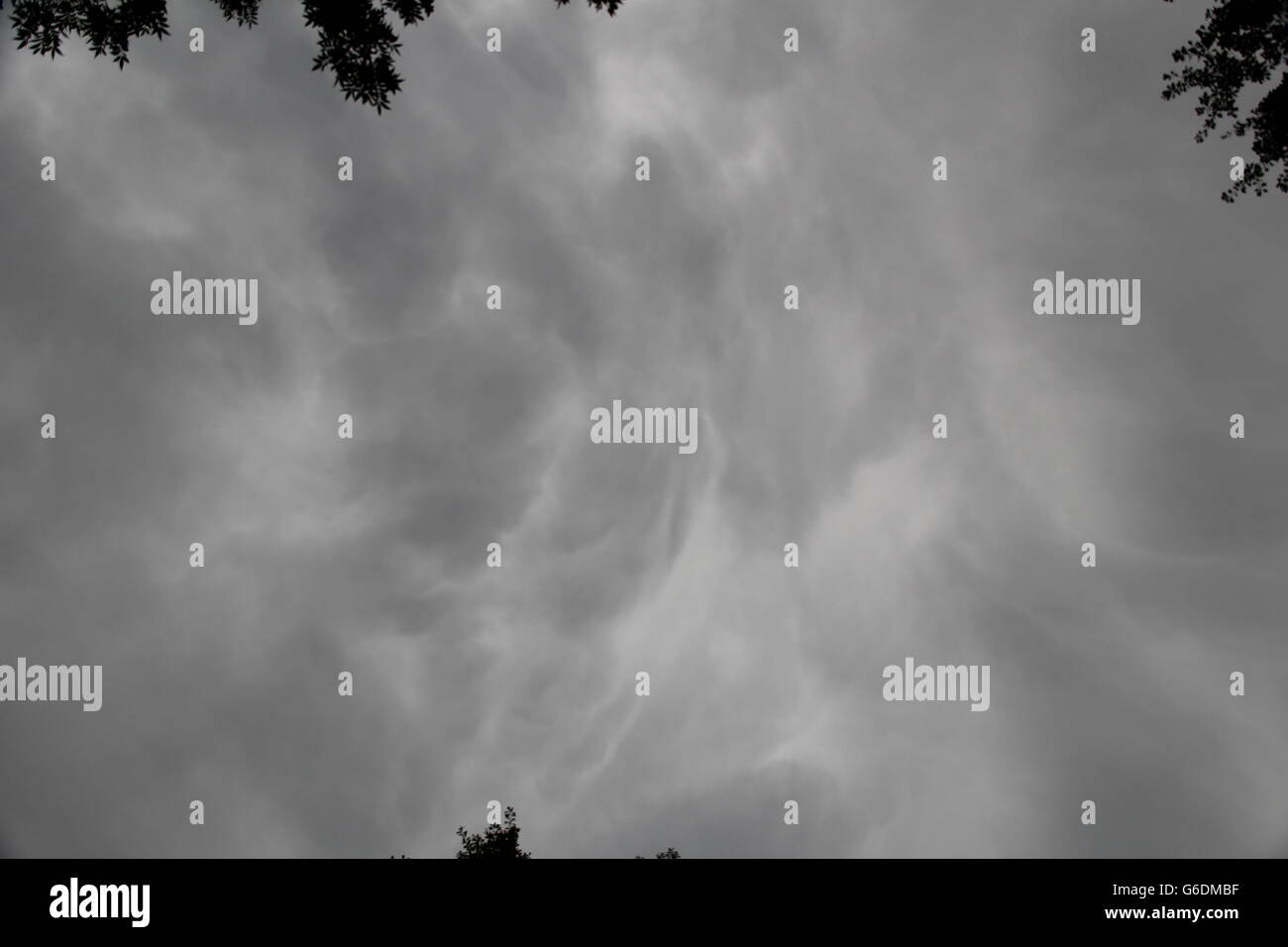 Dark storm clouds gather in the sky above trees before a powerful ...