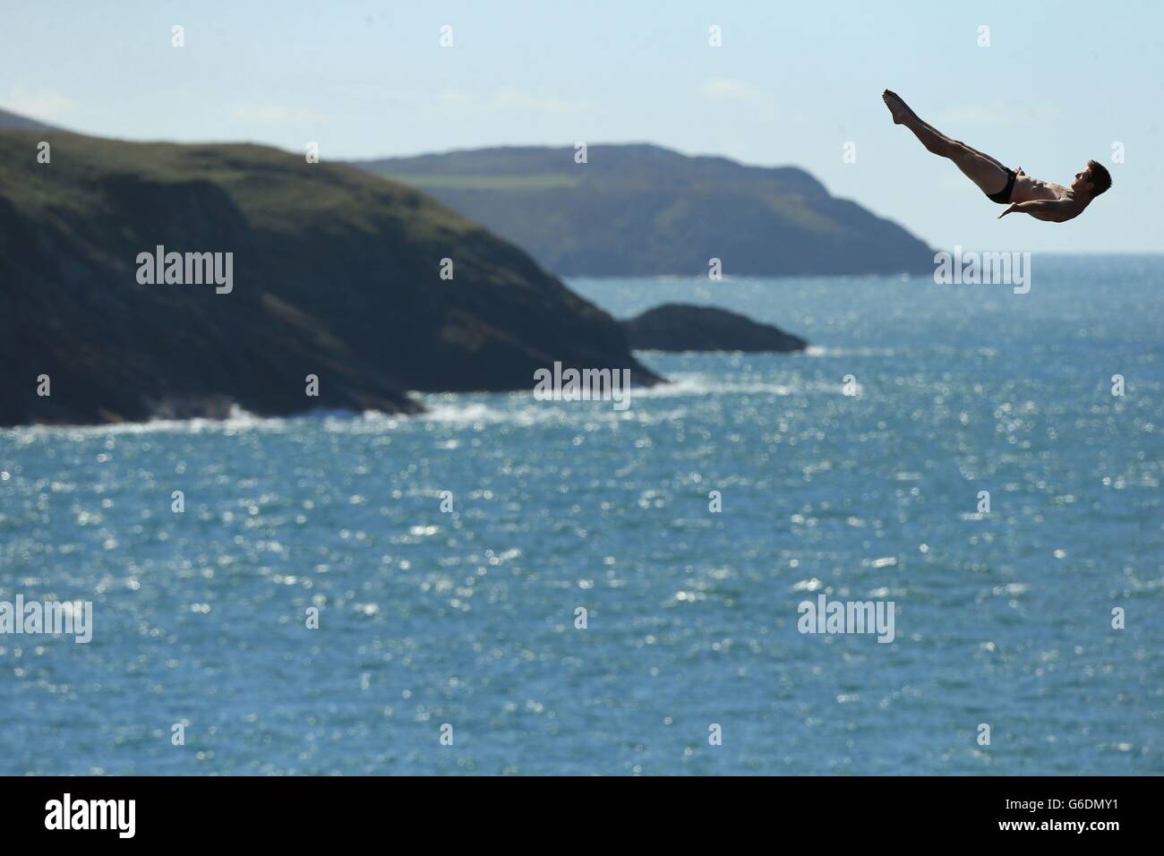 USA's Andy Jones during day two of the Red Bull Cliff Diving World Series at the Blue Lagoon in Abereiddy. Stock Photo