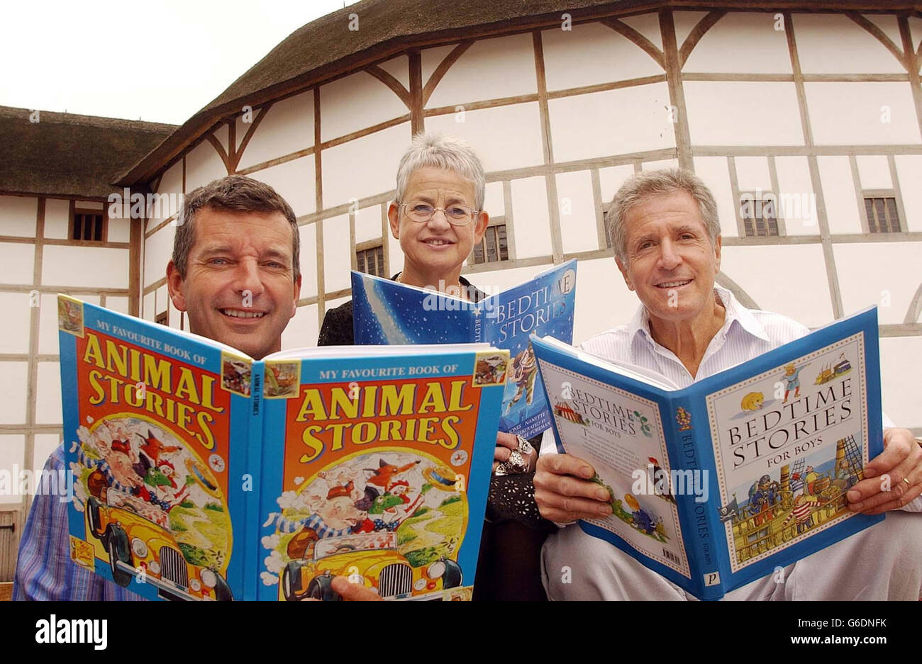 From left - Authors Tony Hawks, Jacqueline Wilson and George Layton at Shakespeare's Globe Theatre in London, for the relaunch of the write4GOSH online writing competition for young people. * The competition, run by Great Ormond Street Hospital Children's Charity, is the first and only to award children writing for children. This year's theme is to write a story to cheer up a child in hospital, with the competition run from www.write4gosh.nhs.uk. Stock Photo