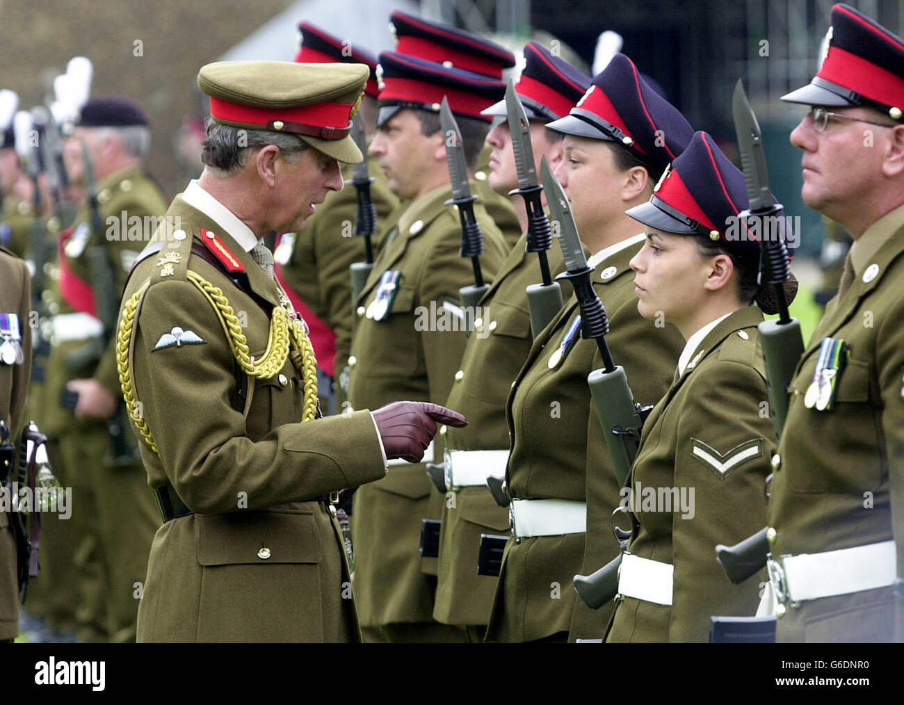 The Prince of Wales reviews the troops during the Royal Welsh Regiment ceremony at Cardiff Castle, where he presented the new Sovereign's Colours to the regiment. Stock Photo