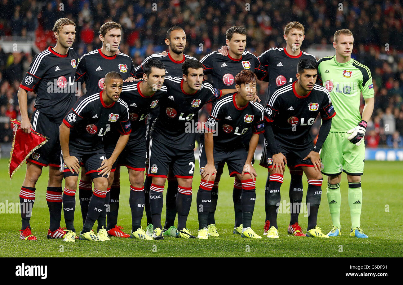 Bayer Leverkusen line up before their match against Manchester United,  during the UEFA Champions League Group A match at Old Trafford, Manchester  Stock Photo - Alamy