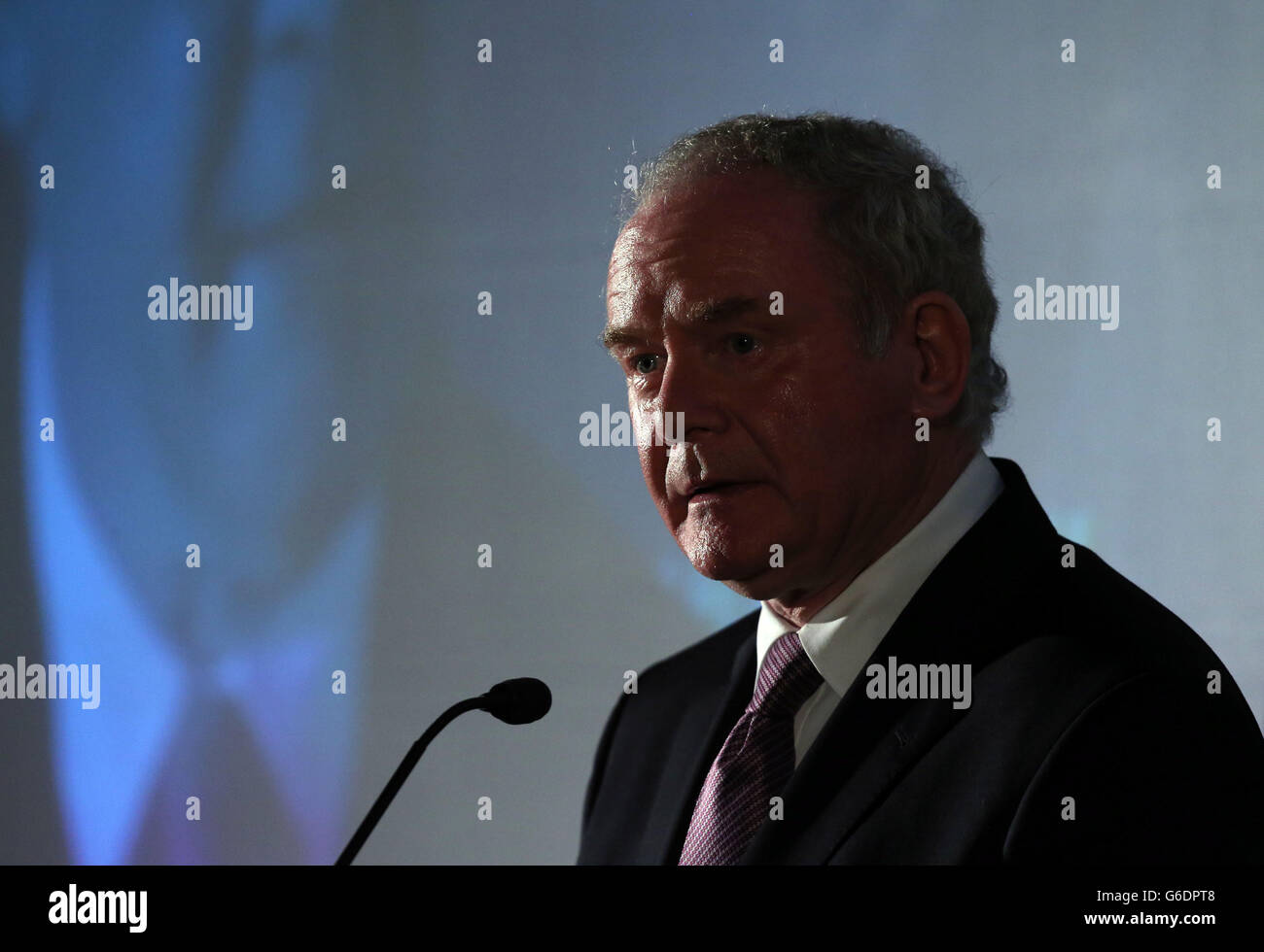 Northern Ireland Deputy First Minister Martin McGuinness makes a key notes speech during the Tim Parry Johnathan Ball Foundation for Peace event at the Peace Centre in Warrington. Stock Photo