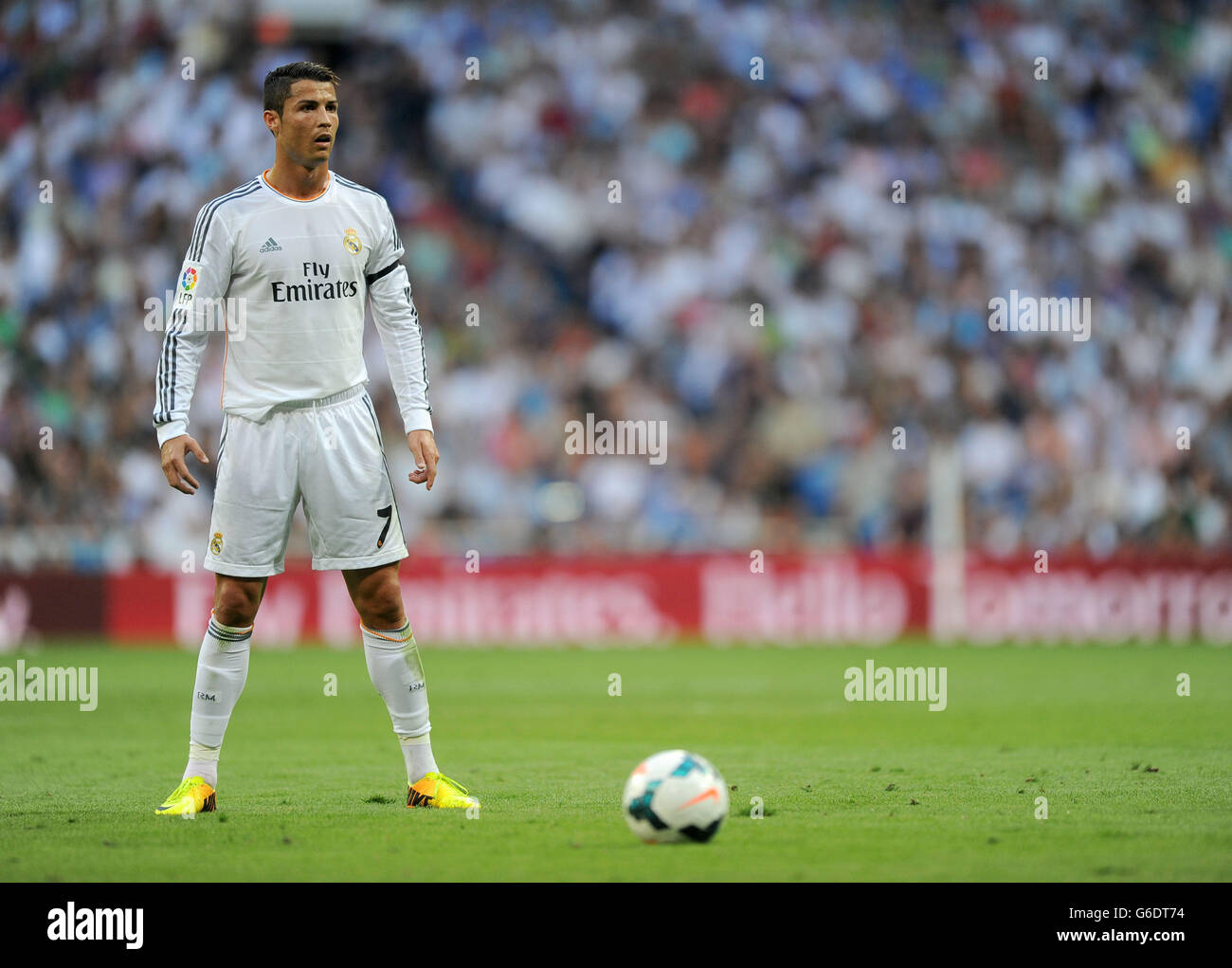 Real Madrid's Cristiano Ronaldo lines up a free kick during the La Liga match at Santiago Bernabeu, Madrid, Spain. Stock Photo