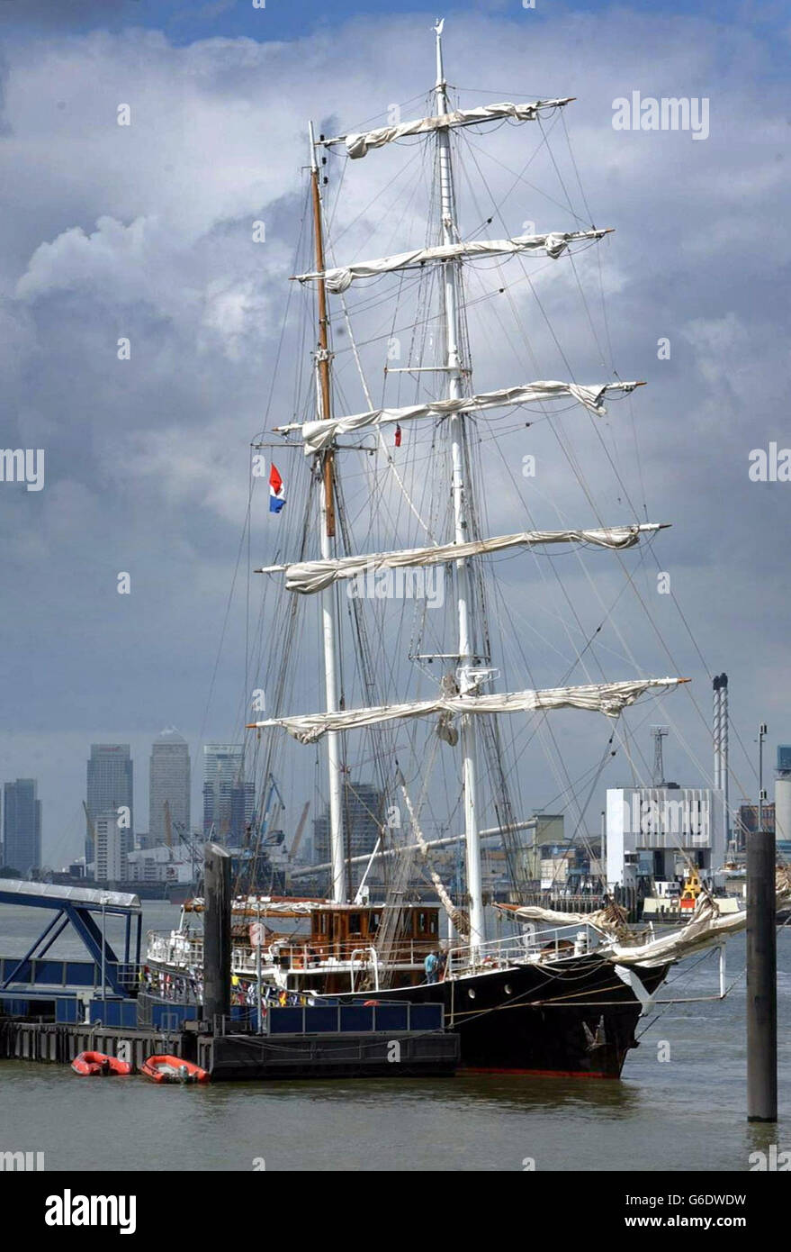 The world's largest Brigantine, the 'Swan fan Makkum' moored at Woolwich Arsenal Pier on the Thames in East London. The unique vessel, built as an exact 19th-century replica in 1993, will be sailing down the Thames for the first time. * during the launch party of DreamWorks' new animated feature 'Sinbad: Legend of the Seven Seas'. Stock Photo