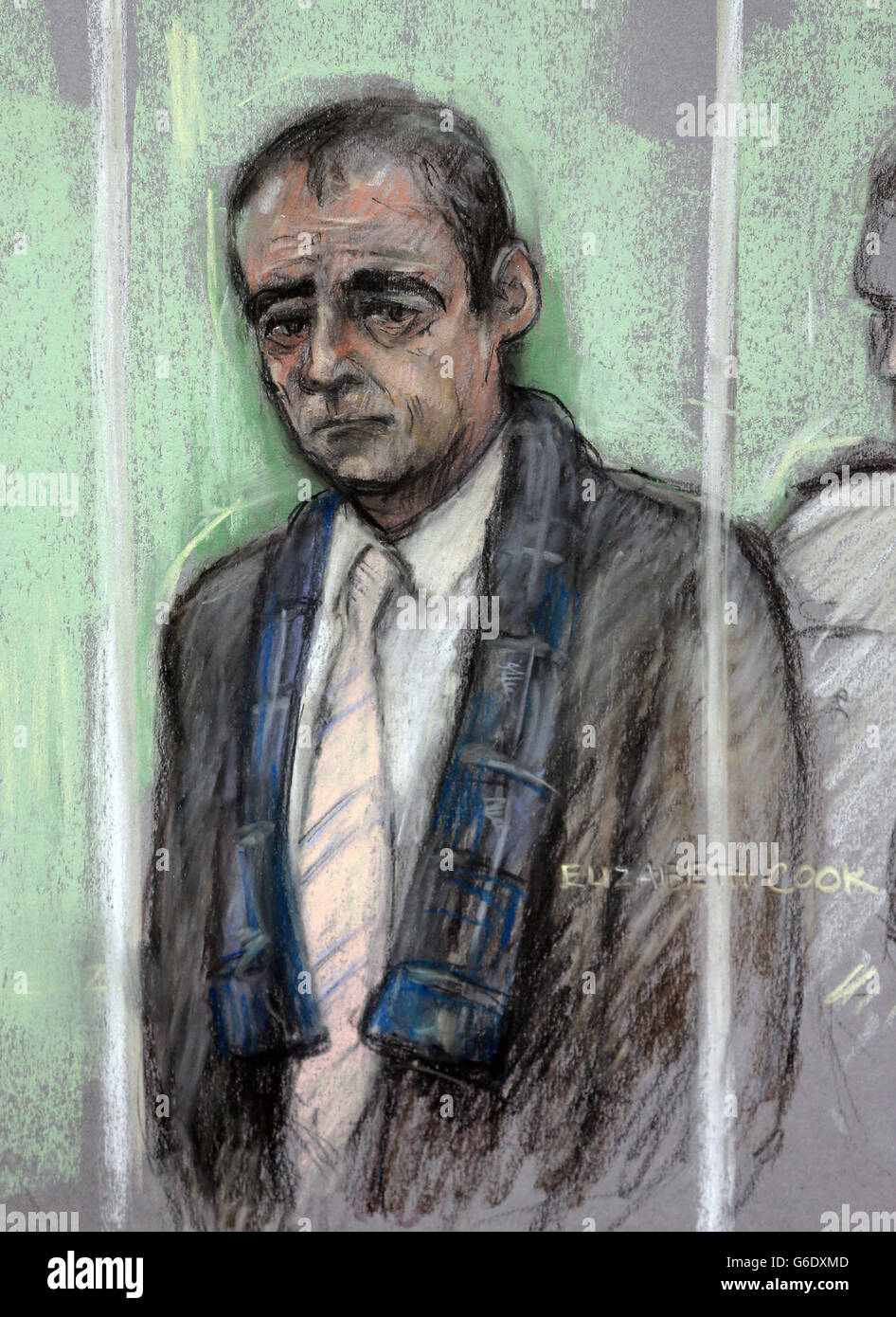 Court artist sketch by Elizabeth Cook of Coronation Street actor Michael Le Vell in the dock at Manchester Crown Court where he is accused of raping a young girl. Stock Photo